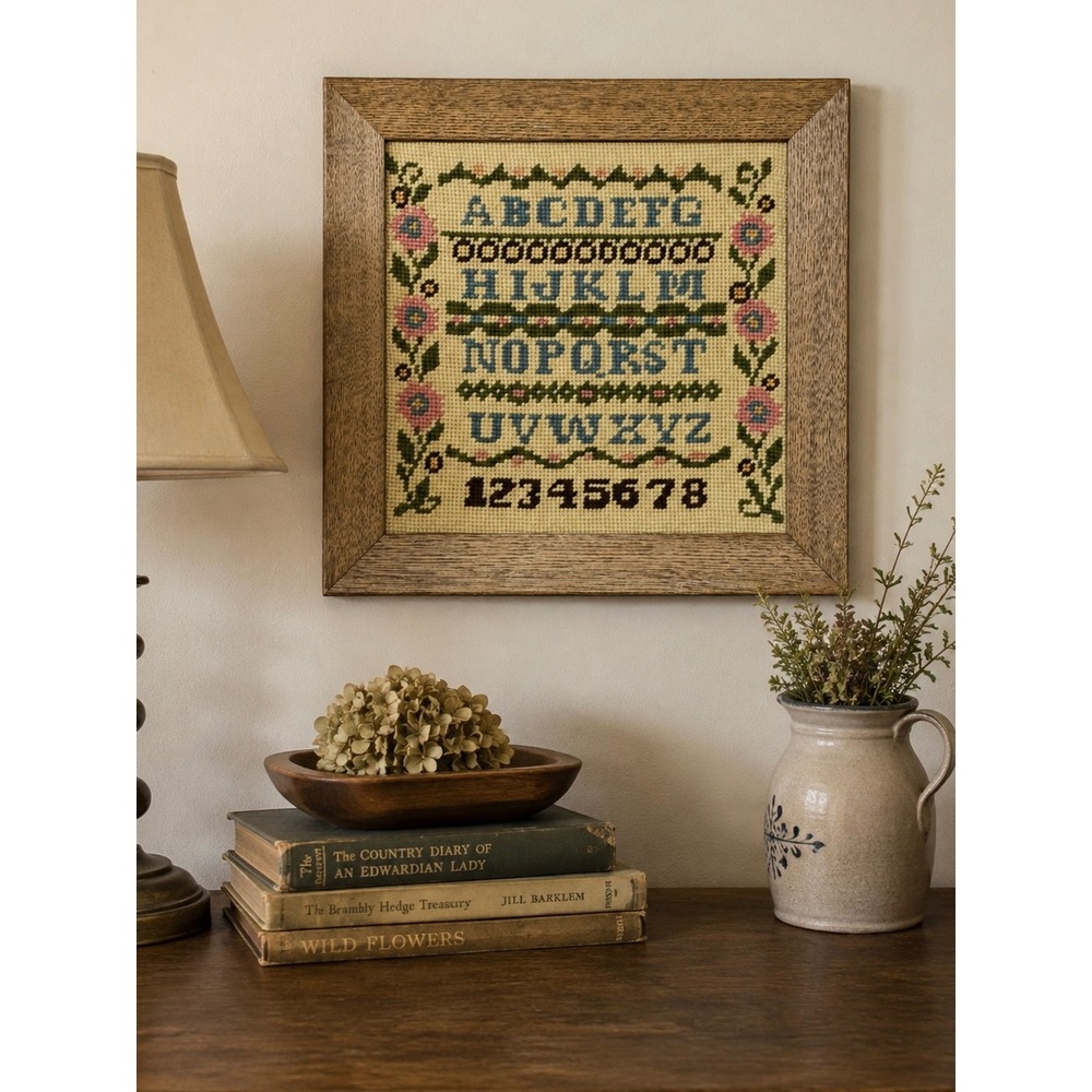 Vintage Needlepoint Alphabet Sampler Framed Floral Border Wall Art Nursery